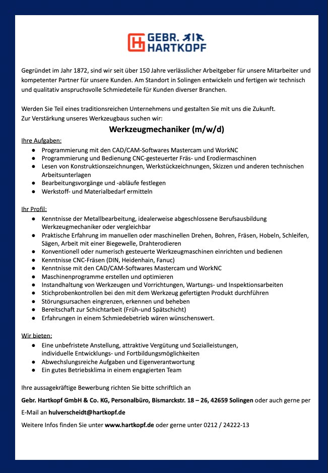 Stellenprofil Werkzeugmechaniker (m/w/d)